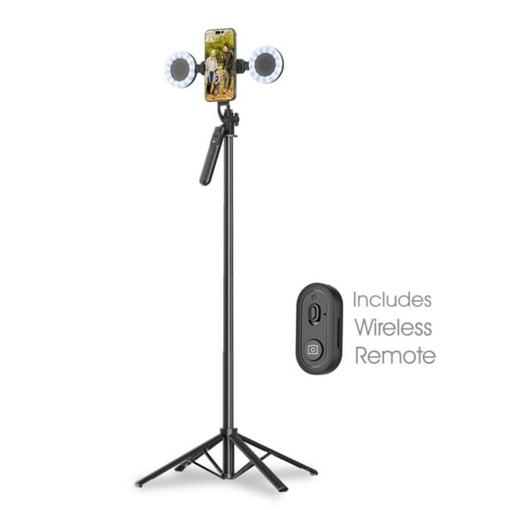 HaloPod Tripod Selfie Stick with Dual Ring Lights & Balance Handle – Black