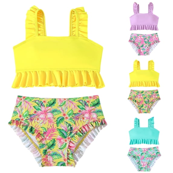 Kids Swimsuits for Girls Ruffle Hem Color Block Little Girls' Swimwear Soft & Lightweigh Swimsuits Bathing Suit for Teens Size 7-16