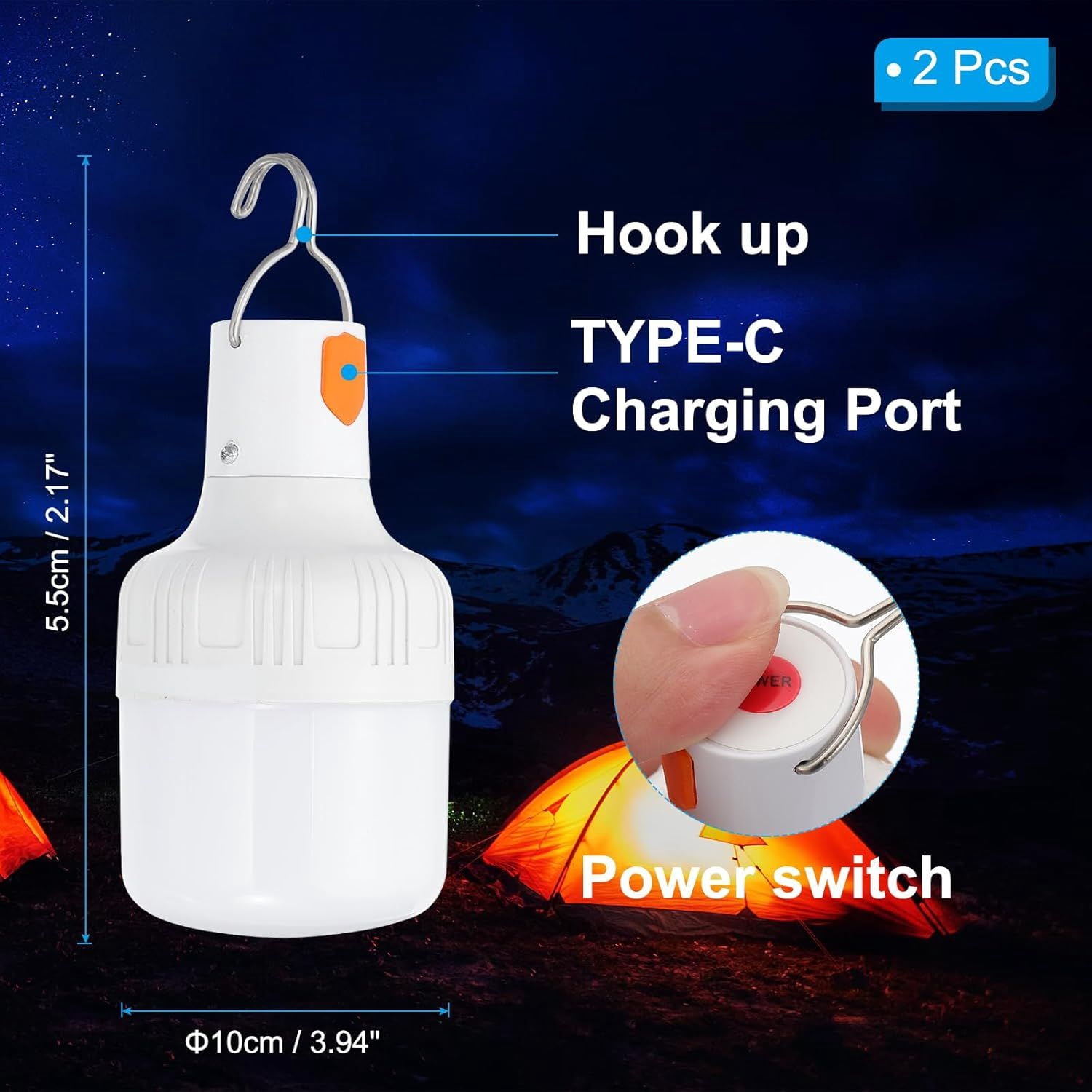 Camping Lantern, 2 Pack Rechargeable LED Tent Lamp Lights Bulb Portable Hanging 3 Lighting Modes 90W with Clip Hook for Camping, Hiking, Fishing, White