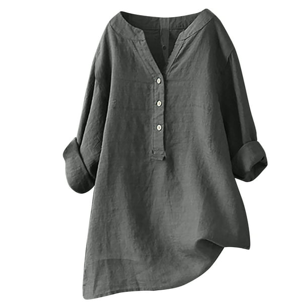 Cheap Plus Size Women Casual Loose Tops Ladies Cotton Linen Solid Color  Shirt Long Sleeve Blouse