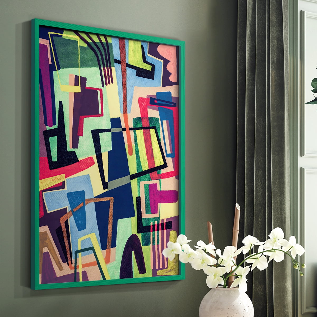 Connected Colors II Framed Print in Green Solid Wood Framed Print No Nail Hanging