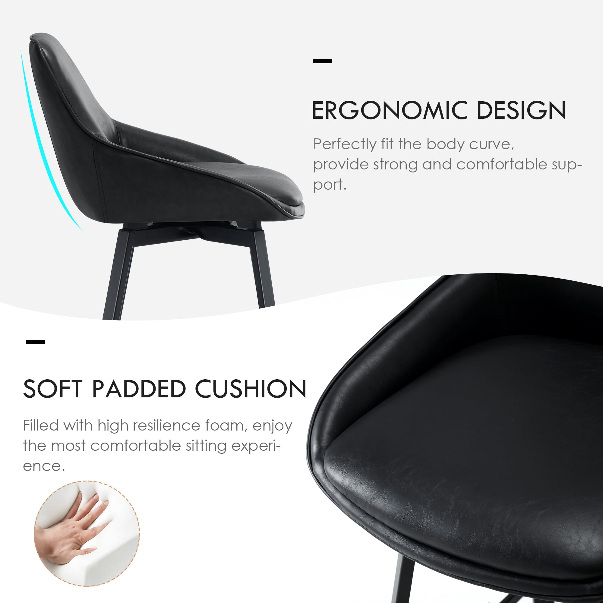 Zesthouse 25.6" Swivel Counter Height Bar Stools Set of 2, Modern Counter Height Chairs with Backs and Metal Legs, Upholstered Faux Leather Barstools for Kitchen Island, Black