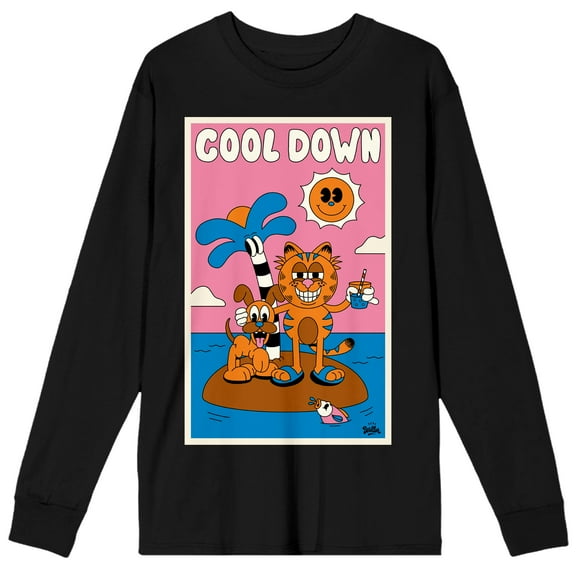 Garfield Cool Down Crew Neck Long Sleeve Black Adult Tee-Medium