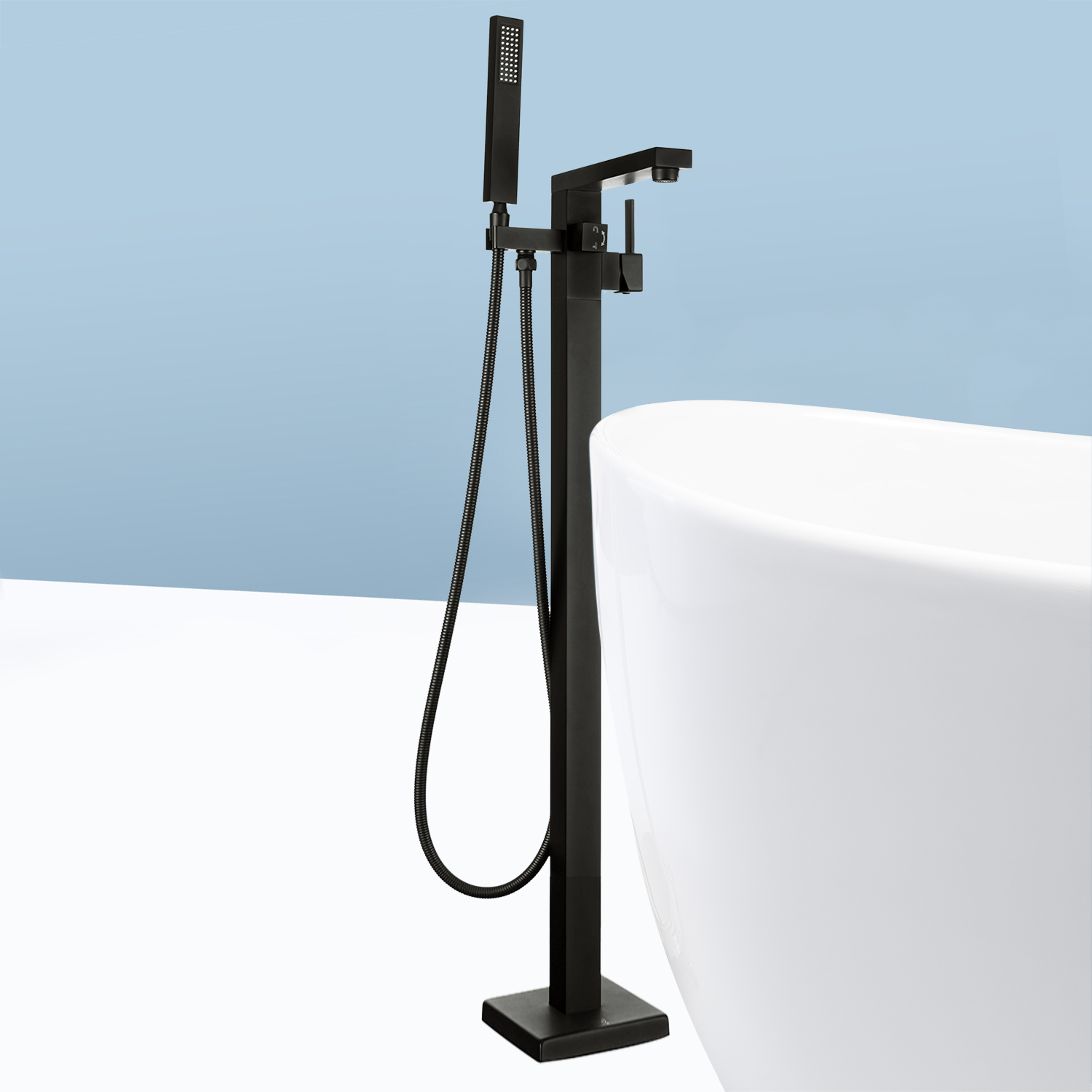 1-Handle Freestanding Floor Mount Roman Tub Faucet Bathtub Filler with Hand Shower in Matte Black