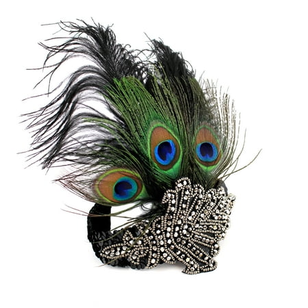 Peacock Feather headband 1920’s Flapper Great Gatsby Party Headpiece Accessories with Sequined Vintage Costume (Black)