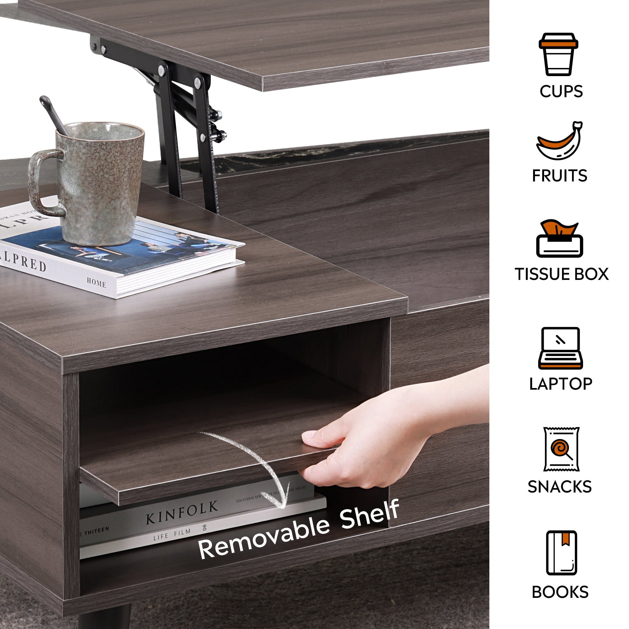 GALAXHERO Coffee Table with Removable Storage Shelves Lift Top Small Coffee Table for Living Room Grey