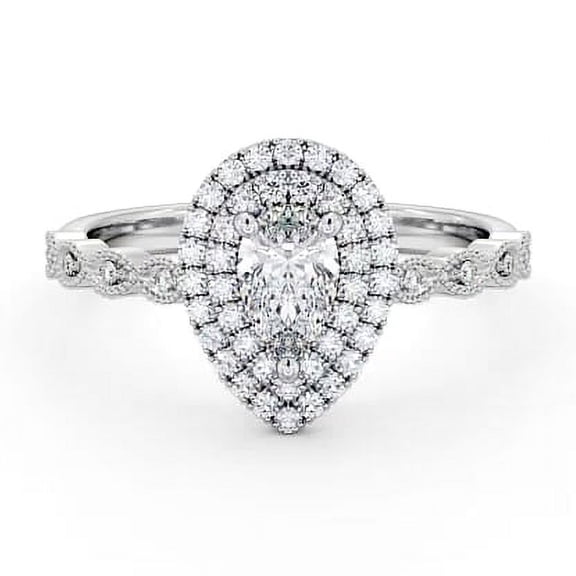 Nerra Jewel 14K White Gold Plated Women's Rings - 1.6 Ct Pear Cut Diamond Engagement Double-Halo with Multi Accent Rings - Milgrain Vintage Inspired Style Design Rings for Women's - Proposal Ring