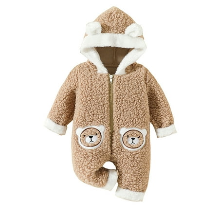 

Niuer Baby Cute Hoodies Onesies Infant Casual Hooded Jumpsuit Cartoon Print Party Long Sleeve Plush Winter Outwear Outfits Khaki 9-12M