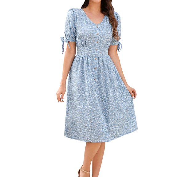 Ecqkame Women's Summer Floral Print Dress Casual V Neck Short Sleeve Beach Dresses Tummy Sexy Control Vacation Dresses with Pocket Blue M