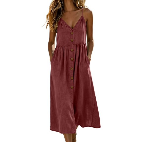 Sokhug Midi Dresses for Women Spaghetti Strap V Neck Button Down Empire Waist with Pockets Casual Summer Sundress