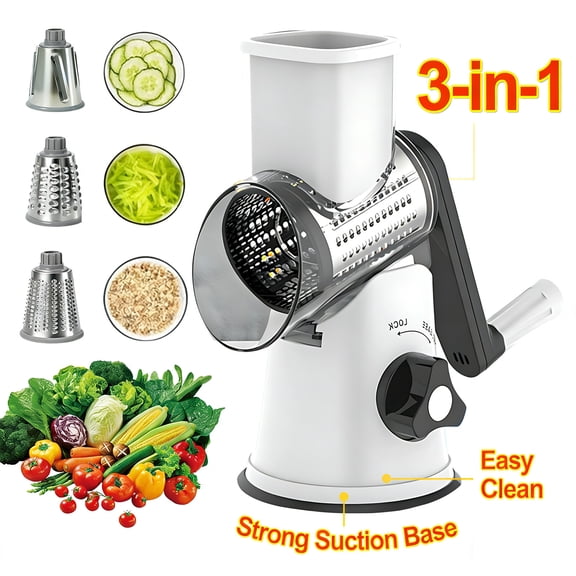Rotary Cheese Grater Hand Crank with Suction Base, Stainless Steel Rotary Cheese Grater Handheld, 3-in-1 Manual Vegetable Slicer for Cheese Nuts Potatoes Salads - White