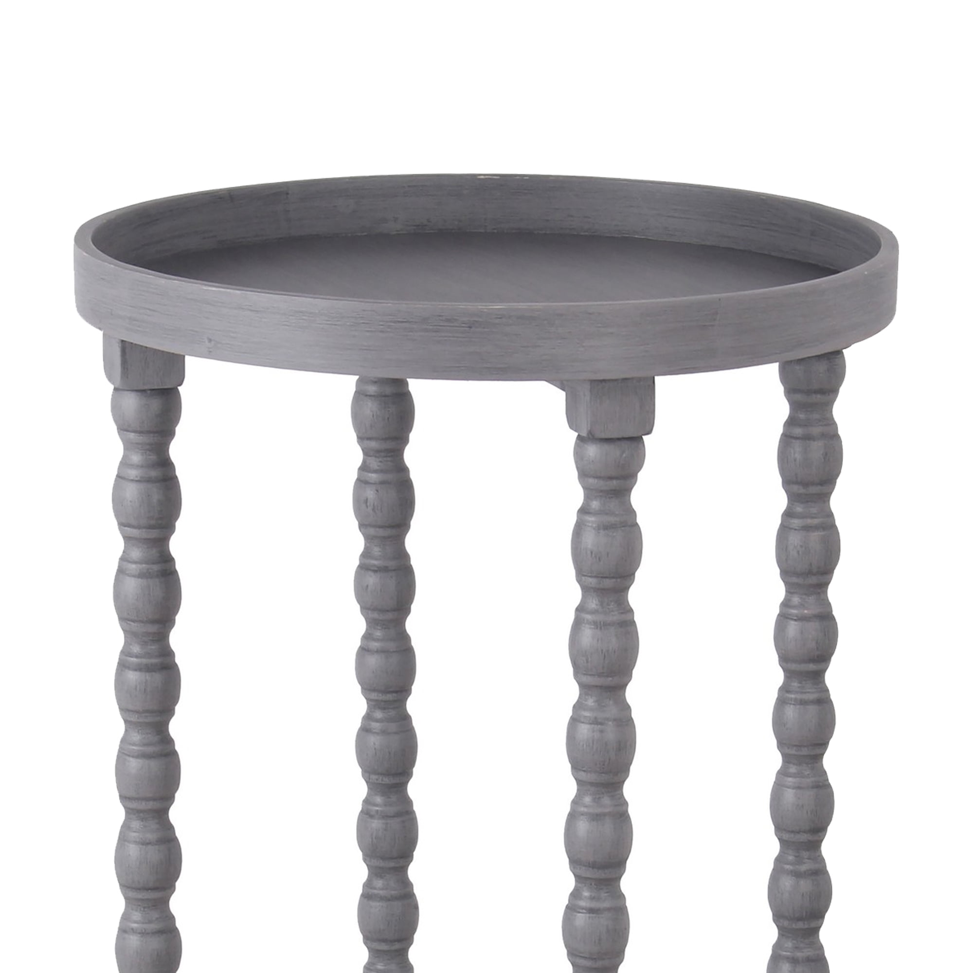 Wooden Round Accent Table With Tray Top And Beaded Turned Legs, Gray