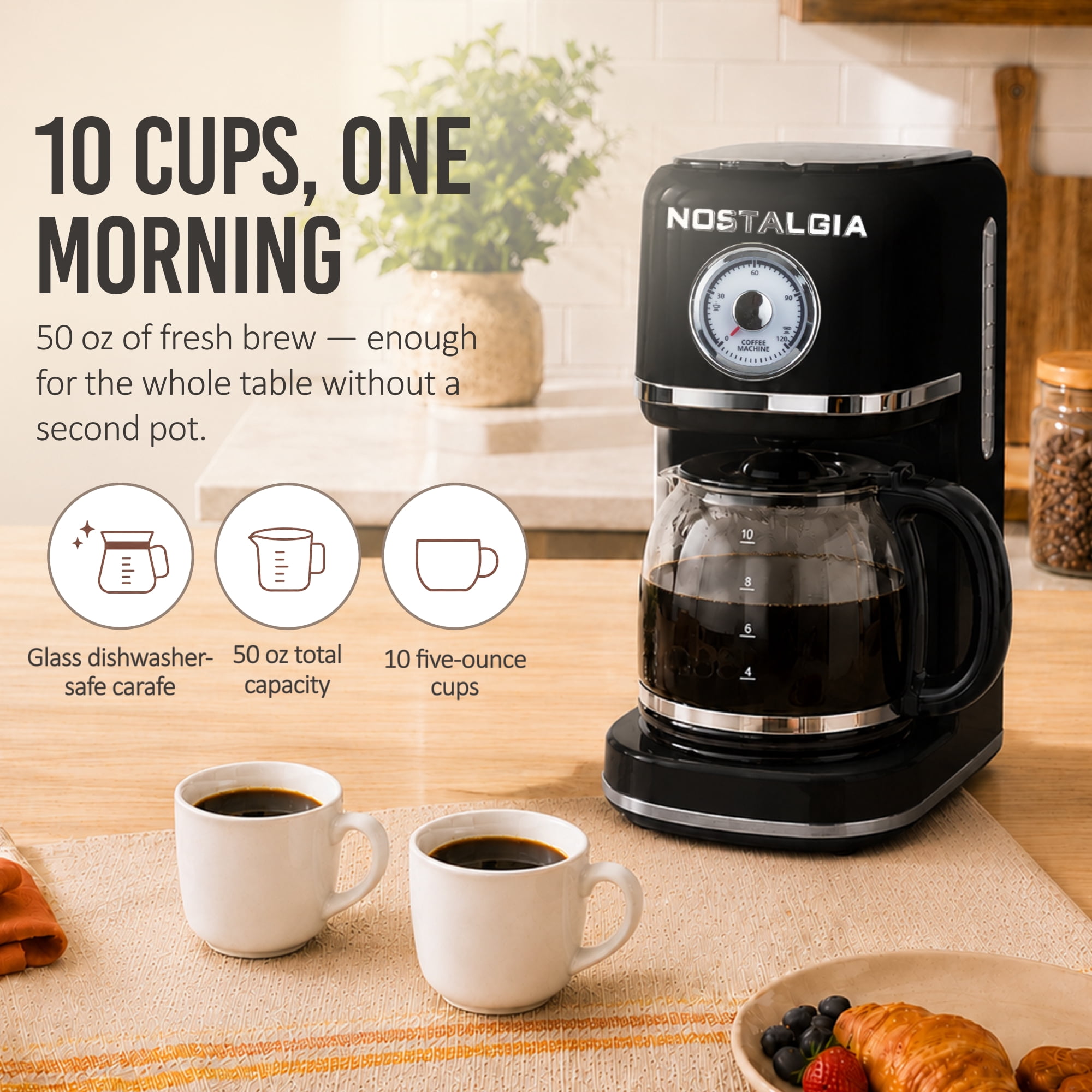 Nostalgia, Retro Coffee Maker, 10-Cup, Black with Reusable Filter