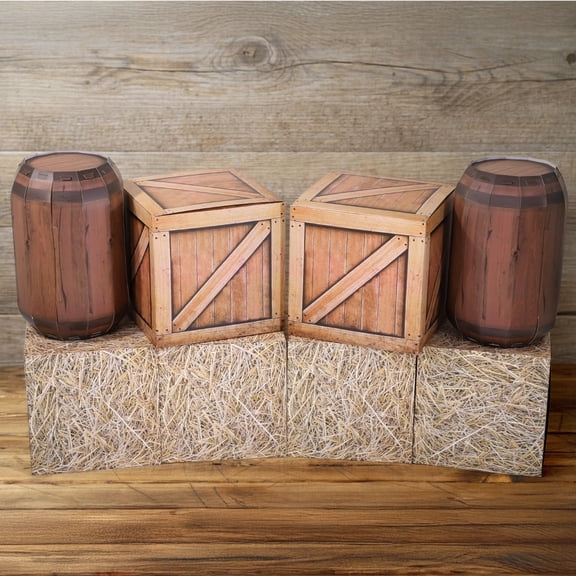 8 Pcs Western Cowboy Party Decorations,Rustic Cardboard Boxes for Photography,Hay Bales & Wood Grain & Wine Barrel Boxes,Farmyard Props for Themed Parties and Photoshoots