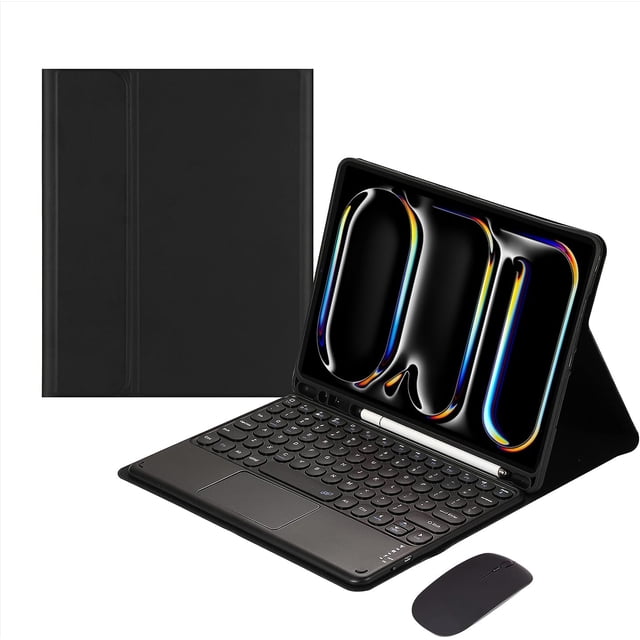 funda con teclado táctil para ipad pro de 11 pulgadas (m4) de 5.ª generación 2024, con ratón - teclado bluetooth táctil magnéticamente desmontable. Funda negra plegable con iPad Pro 11" (M4) en modo soporte; teclado Bluetooth desmontable con teclas redondeadas y trackpad integrado, ratón inalámbrico negro separado y portalápices integrado en la bisagra; suele usarse también como estación portátil para trabajo y viajes cortos.