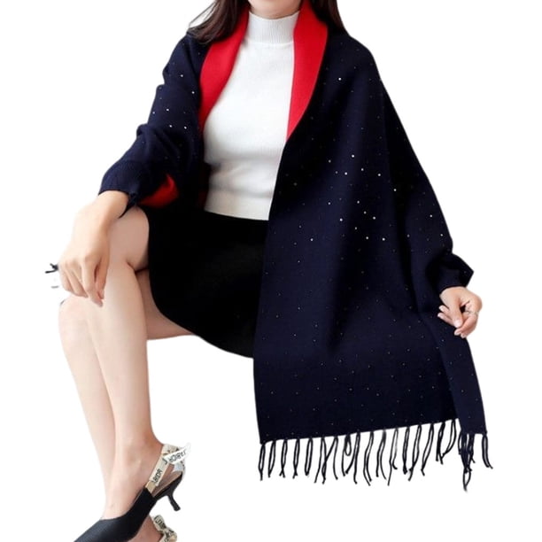 Minnieouse Invierno mujer fibra acrílica chal niñas viajar senderismo Casual pañuelo damas diseño Simple cálido boda capa Poncho Abrigos y chamarras Azul marino Minnieouse AP013278-09