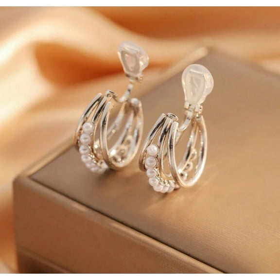 Clip on 1" silver and white pearl cutout hoop earrings