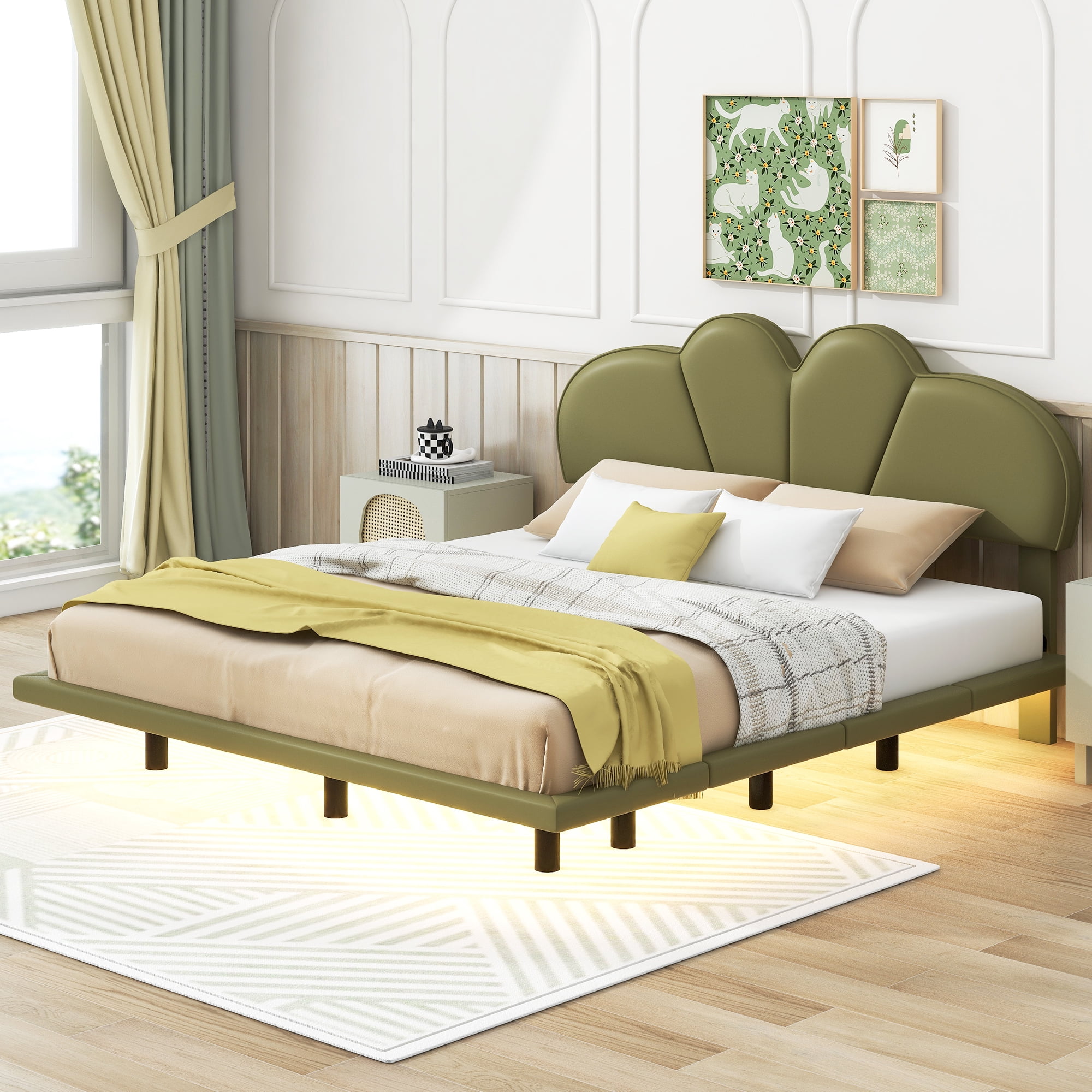 Euroco Full Size Upholstery Floating Bed with LED Lights, PU Leather Headboard Platform Bed for Kids Teens Adults, Green