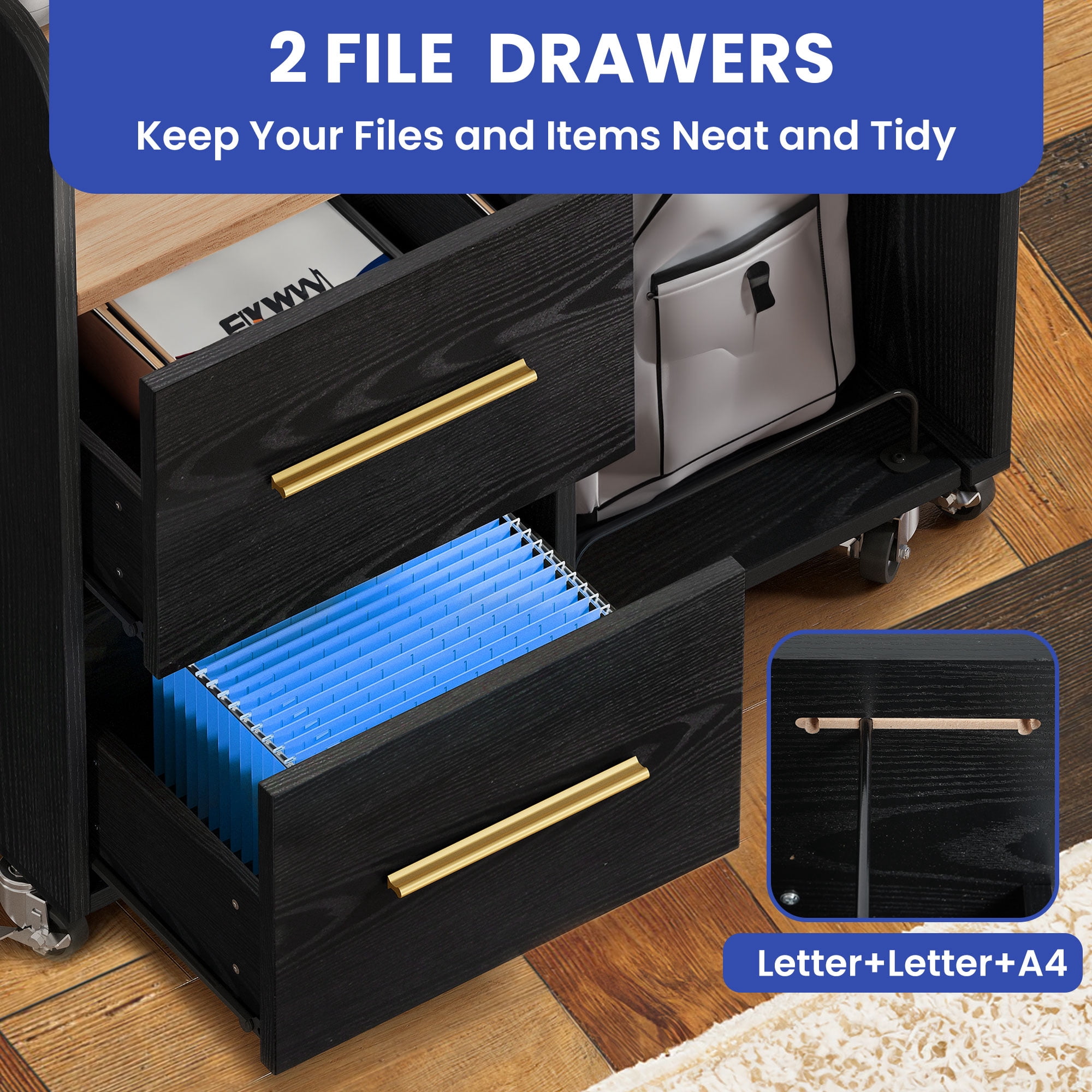ModFusion 35.1" File Cabinet: 2-File Drawer, Charging Station, Pull-out Shelf with Carts for Paper Shredder, Wheel with Brake to Lock, 2.9x1.3x2.9 ft Printer Stand, Black