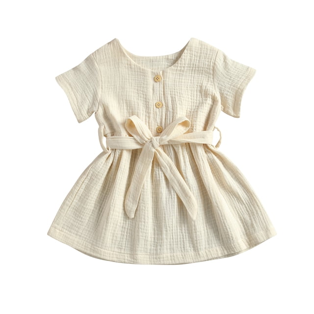 Vestido De NiñAs Con CinturóN Moda Color SóLido BotóN V-Cuello NiñOs Princesa Vestido