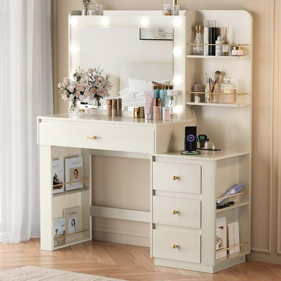 Makeup Vanity Desk with Mirror and 3 Colors Lights, Vanity Table with 10 LED Bulbs & Power Outlet, Large Dressing Table with 4 Drawers, 6 Storage Shelves for Bedroom, Women and Girls, White