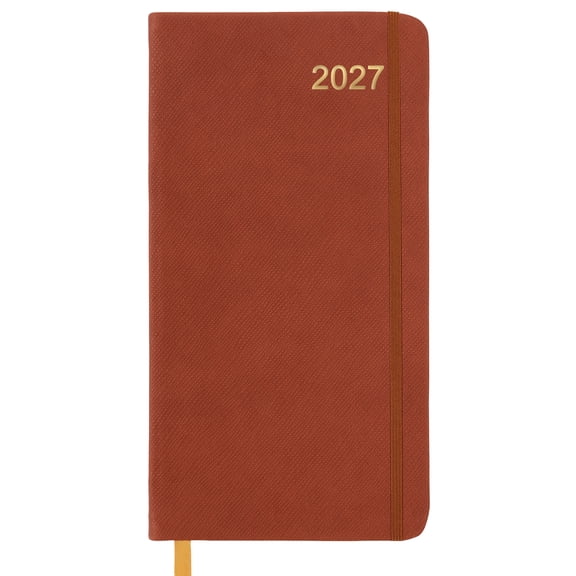 Excello 2027 14-Month Textured Weekly & Monthly Pocket Planner Calendar, 3.5" x 6.5", 21 Notes Pages, Water-Resistant Cover, Ribbon Bookmark, Brown