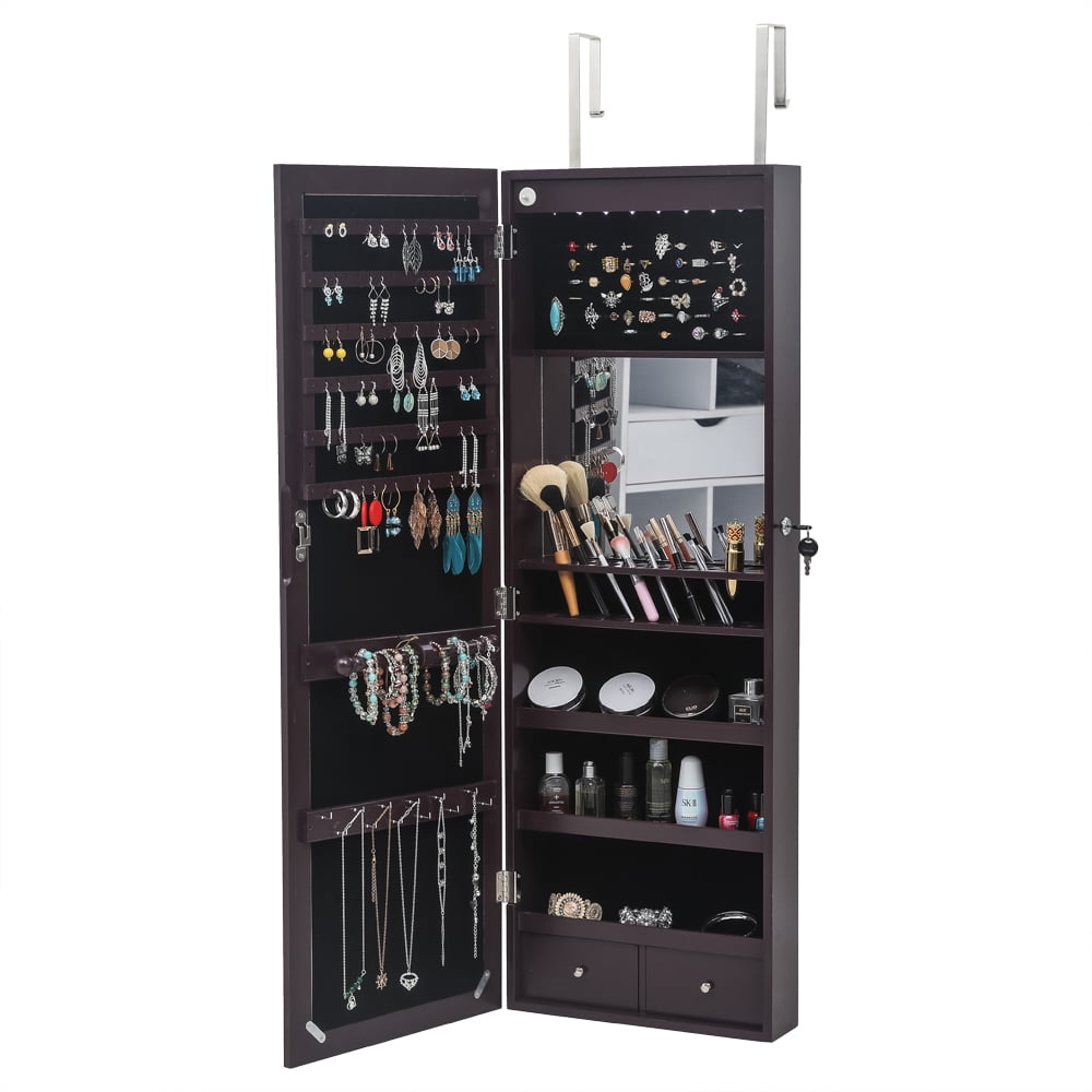 3-Layer LED Mirror Cabinets, Full Mirror Wall Mounted Cabinets, Brush Holders with Inner Mirror, Dark Brown