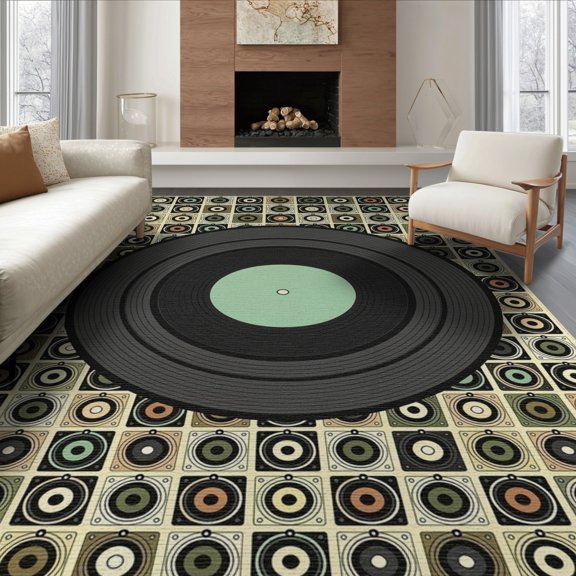 ODIKA 8'x10' Washable Area Rug Vinyl Cd Record Retro Vintage Music Spinning Grooves Concentric Disc Flowing for Living Room, Under Sectional, Family Room , Durable, Non-Slip