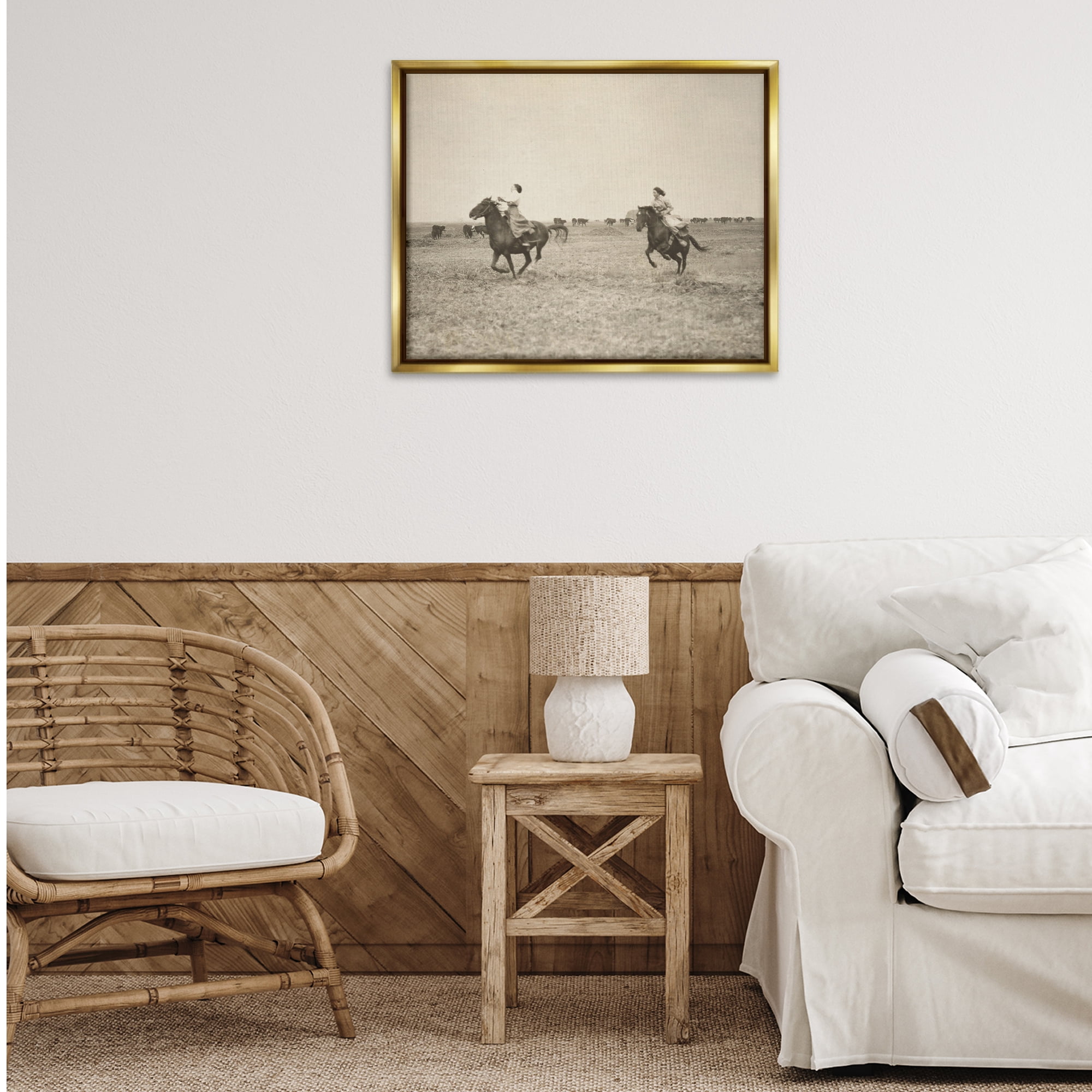 Stupell Industries Galloping Cowgirl Friends Animals Photography Gold Floater Framed Canvas Art Print Wall Art, 31 x 25