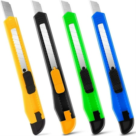 Box Cutter Retractable - 4 Pack - Premium Utility Knife - 9mm Wide Snap-Off Blades Razor Knife - Box Opener for Cutting Carboard, Boxes - Exacto Knife Box Knife for Home, Office, Craft Use