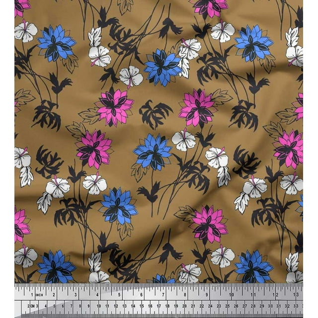 Soimoi Polyester Crepe Fabric Leaves & Floral Artistic Decor Fabric Printed Yard 52 Inch Wide