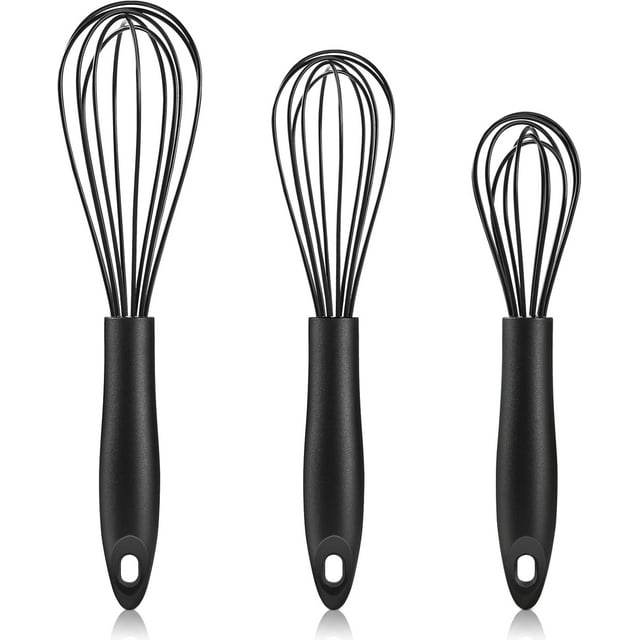 Silicone Whisk,Heat Resistant Non Scratch Whisks Set of 3,Stainless Steel & Silicone Wisk for Cooking,Kitchen Whisk For Nonstick Cookware,Balloon Egg Whisk Perfect for Blending,Beating,Frothing-Black
