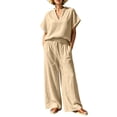 thumbnail image 2 of BRELIL Women Plus Size Two Piece Outfits V Neck Short Sleeve Tee Wide Leg Pants Casual Lounge Set Solid Boho Vacation Travel Loose Tracksuit, Khaki 2XL, 2 of 6