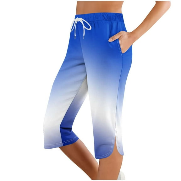 DeHolifer Capris Pants for Women Elastic Waisted Gradient Color Drawstring Split Sports Casual Capris Pants with Pocket Blue L