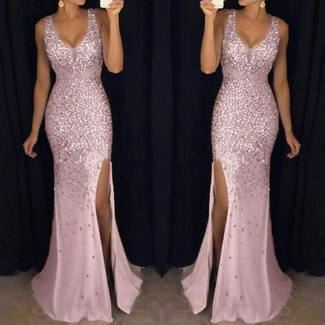POINTERTECK Robe de Bal à Sequins pour Femmes Soirée Sexy Dorée Demoiselle d'Honneur Col en V Longue Robe
