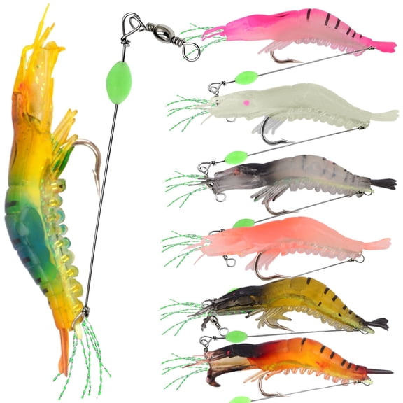 7 Pcs Fishing Lures Shrimp Baits Set, 7 Colors Soft Glowing Artificial Shrimp Lure Tackles with Luminous Sharp Hooks for Saltwater Freshwater Fish