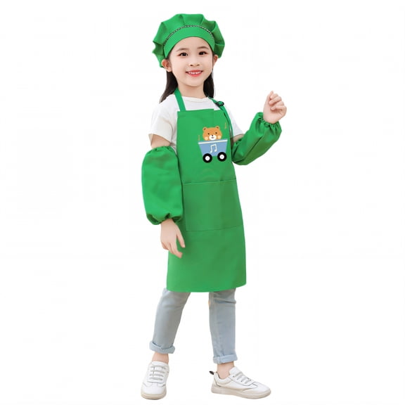 AUQ Kids Chef Hat and Apron,Polyester Finish Waterproof Apron,Slim-Fit Silhouette Kids Aprons for Cooking,Green2