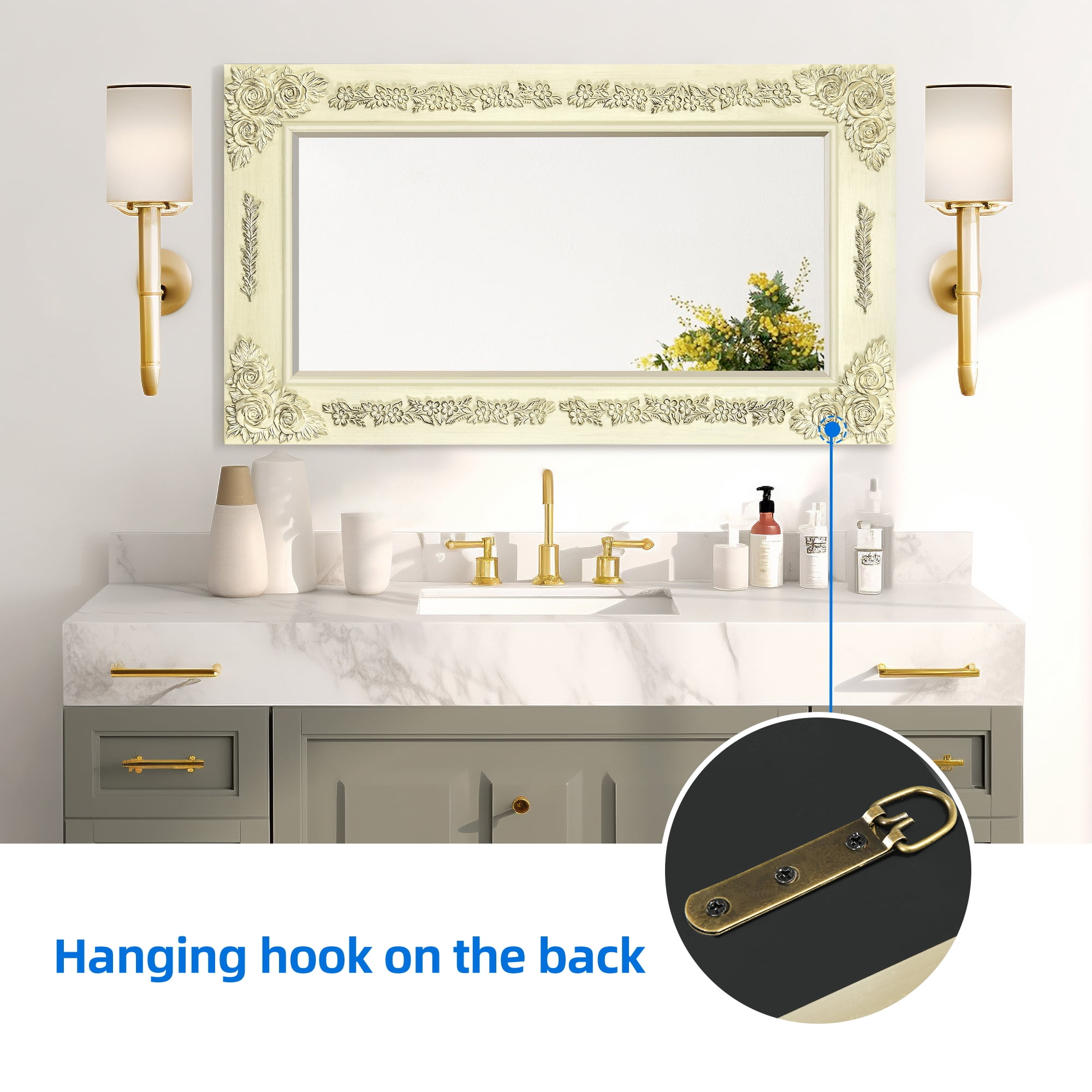 Dextrus 36"x20" Wall Mirror with Rectangular Wood Frame,Vintage Mirror, French Vanity Mirrors, White
