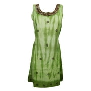 Mogul Womens Rayon Comfy Dress Floral Embroidered Green Sleeveless Tie Dye Boho Chic Beach Cover Up Sundress