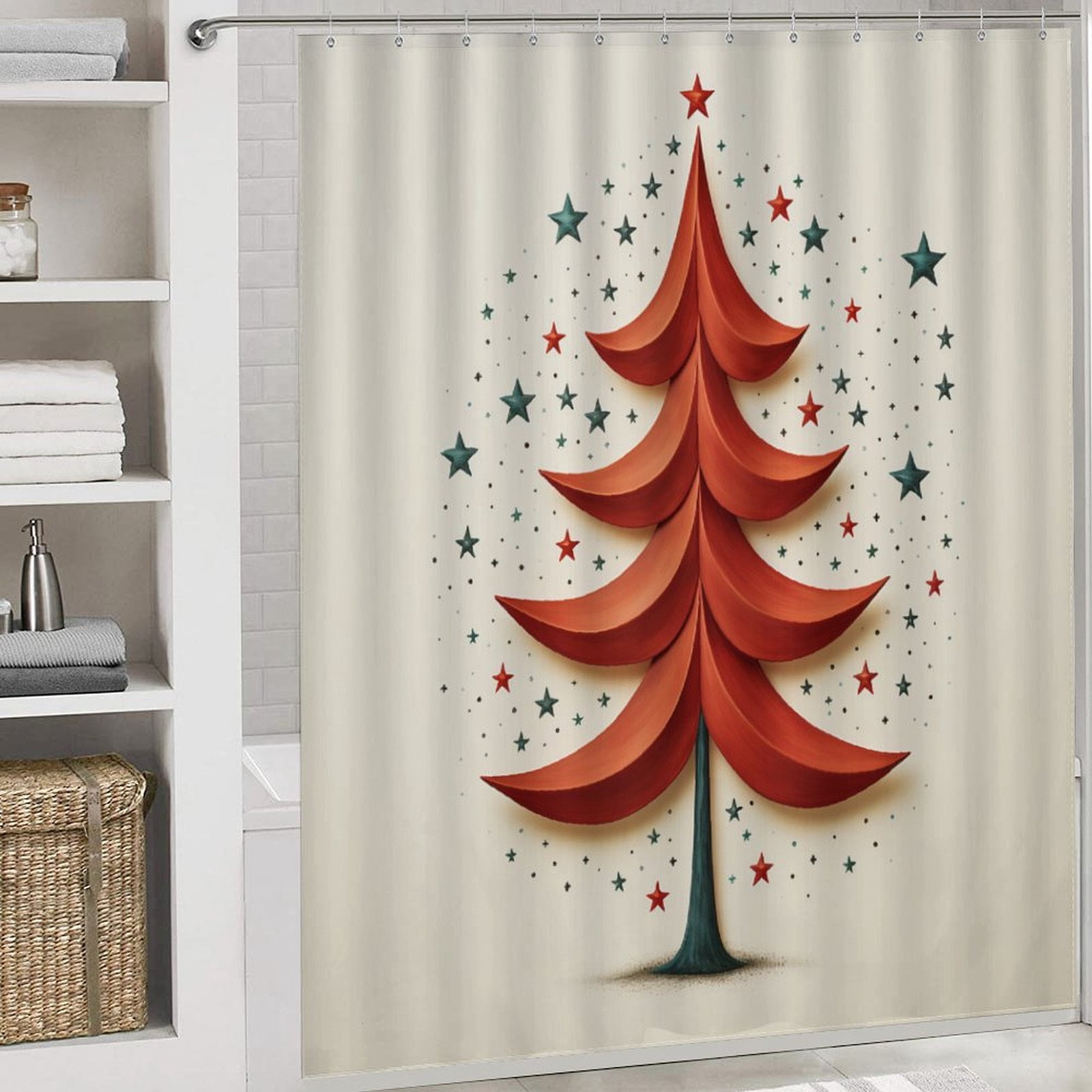 Christmas Tree Red Star Clean Simple Shower Curtain Sets 4 Piece Bath Mat U-Shaped Floor Mat Toilet Lid Oval Rug Hello Winter Waterproof Shower Curtain for Bathtub Decor