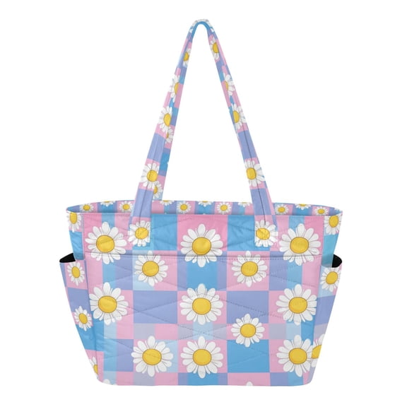 FORMRS Tote Bag for Women Quilted Large Capacity Travel Work Carry On Shoulder Handbag, Playful Daisy