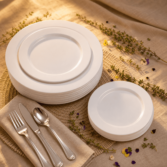 White Heavy Duty Disposable Plastic Plates, 10.25 inch Dinner 7.5 inch Dessert Salad, 120 count