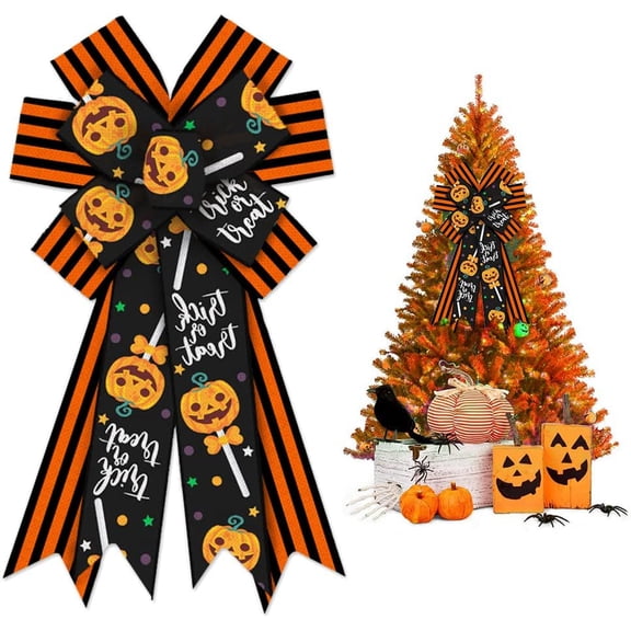 Hsomely Large Orange Black Stripe Bows for Front Door Wreaths, Halloween Pumpkin Bows for Trick or Treat Decor