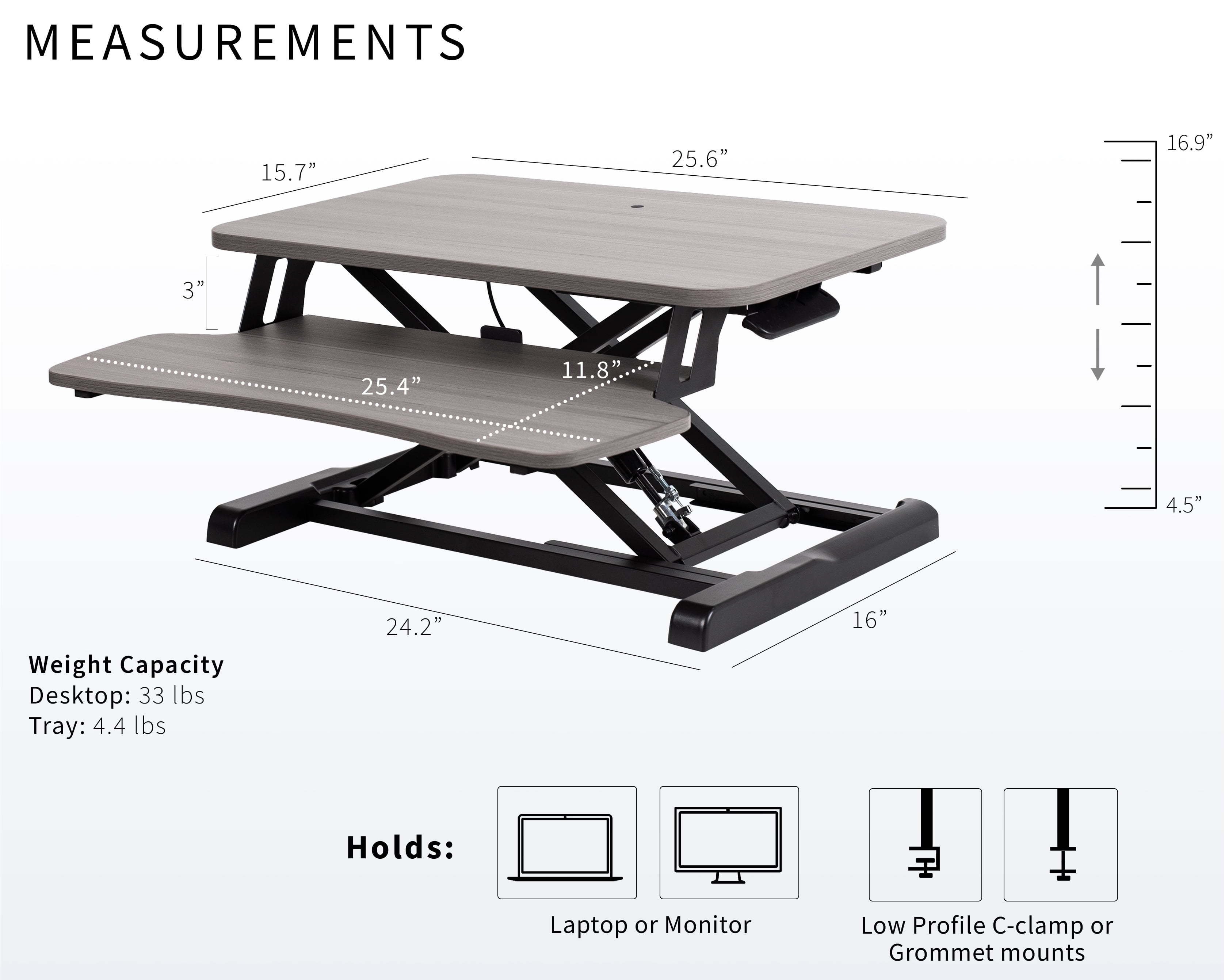 VIVO Gray 26" Height Adjustable Standing Desk Monitor Riser, Black Frame