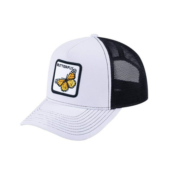 Unisex V2 Embroidered The Butterfly, 5-Panel Trucker Hat, White/Black, Adjustable Fit