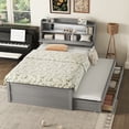 thumbnail image 2 of Full Size Wooden Led Platform Bed With Trundle, With Storage Headboard, With Drawers, Gray, 2 of 9