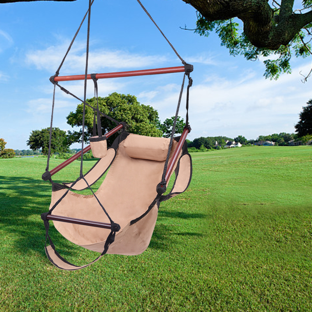 Hammock Chair Hanging Rope Swing, Portable Hammock Chair for Kids, Unique Hammock Hanging Chair, Hanging Swing Outdoor Seat with Detachable Pillow, Cup Holder, Carrying Bag, Holds 250lb, Brown, Q9275 - image 3 of 12
