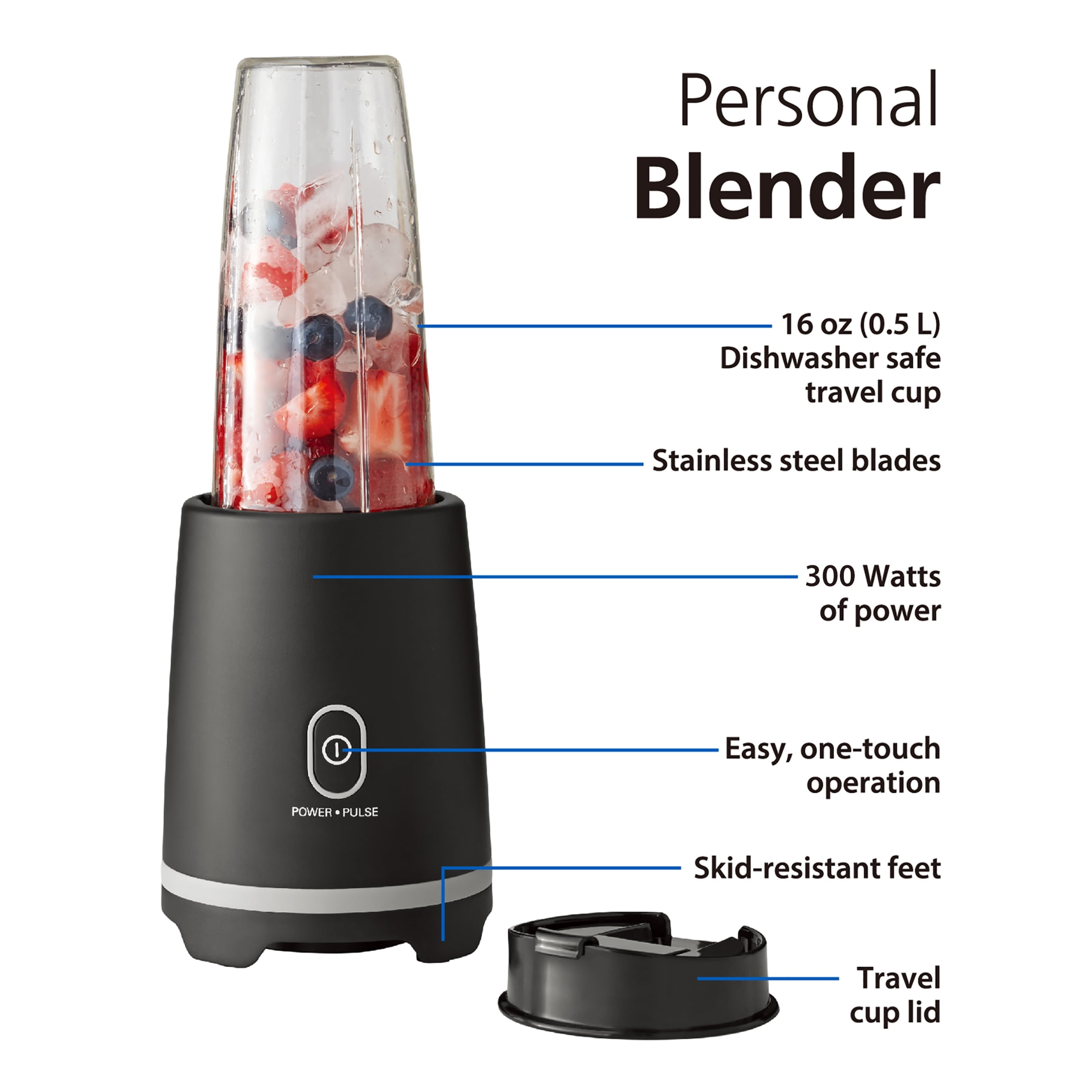 Mainstays Black Single-Serve Blender with 1 Travel Lid, 16 oz