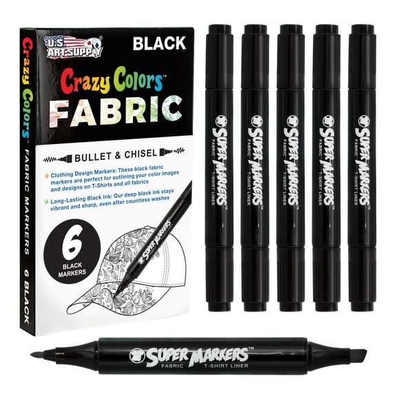 Super Markers Black Dual Tip Fabric & T-Shirt Markers, Set of 6 - Double-Ended Fabric Markers with Chisel Point and Fine Point Tips - Permanent Vibrant Ink - Outline Clothing Designs Decorate Clothes