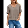 thumbnail image 1 of Camisetas de Verano con Cuello en V para Mujer, Blusas Casuales de Corta, Holgadas y Básicas. Caqui XL, 1 of 9